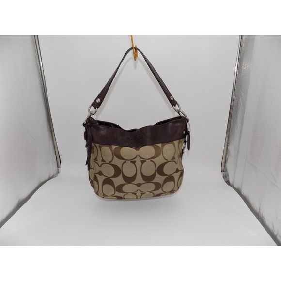 Coach Signature Brown Beige Canvas Leather Shoulder Bag Purse Satchel Hobo - Picture 1 of 10